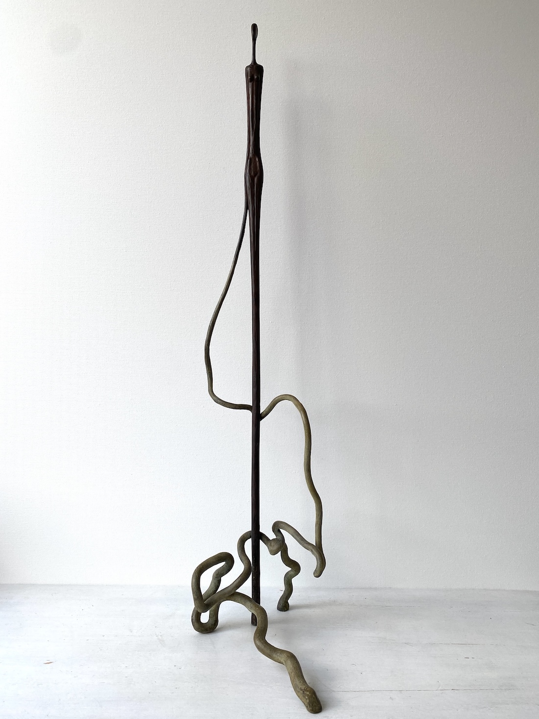 lange smalle vrouwenfiguur in brons, zelfverzekerd, autonoom, vrouw, de bronsplastiek is een kunstwerk van Ragonda IJtsma bronzen beelden Bronzen vrouwenfiguur, een bronzen beeld van beeldend kunstenaar Ragonda IJtsma