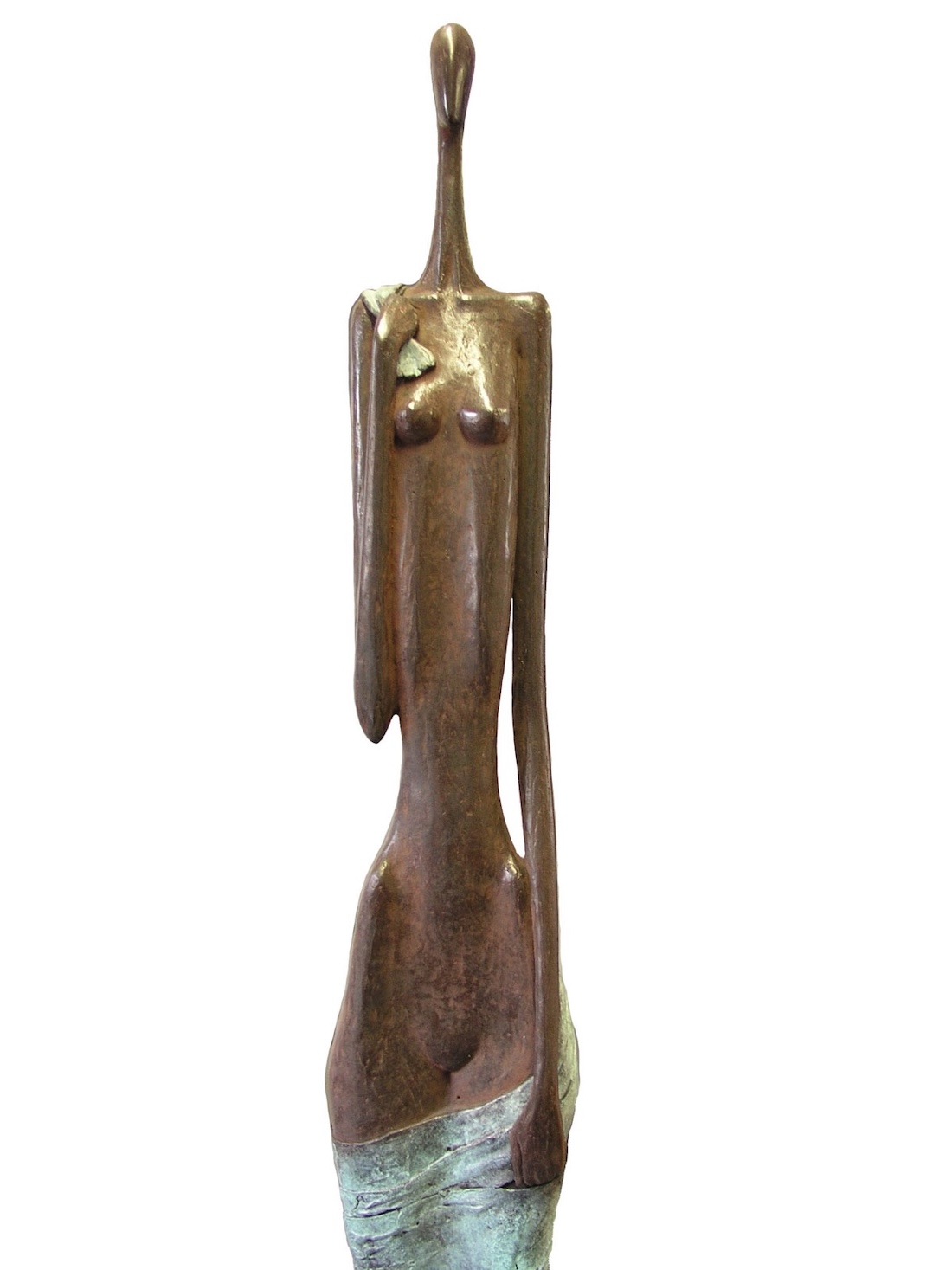bronzen beelden van kunstenaar Ragonda IJtsma, lange smalle vrouwenfiguur van 170cm hoog Bronzen beeld Vrouw, een kunstwerk van 170cm hoog, manshoog en zeer smal, vrouwenfiguur in brons. Een ranke bronsplastiek van beeldend kunstenaar Ragonda IJtsma