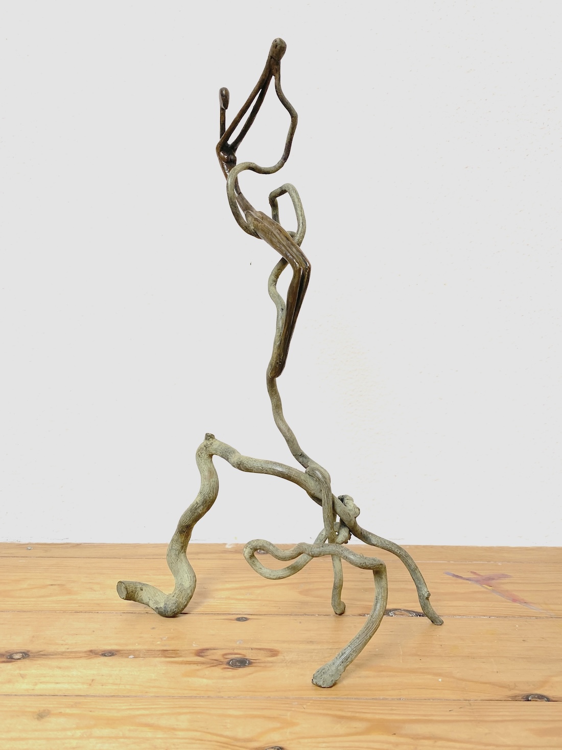 bronzen beelden met de vrouw als onderwerp, kunstenaar Ragonda IJtsma, een beeld uit de collectie vrouwenfiguren van brons Bronzen beeld, een vrouwelijke figuur zittend op een kronkelige tak, Ragonda IJtsma bronzen beelden